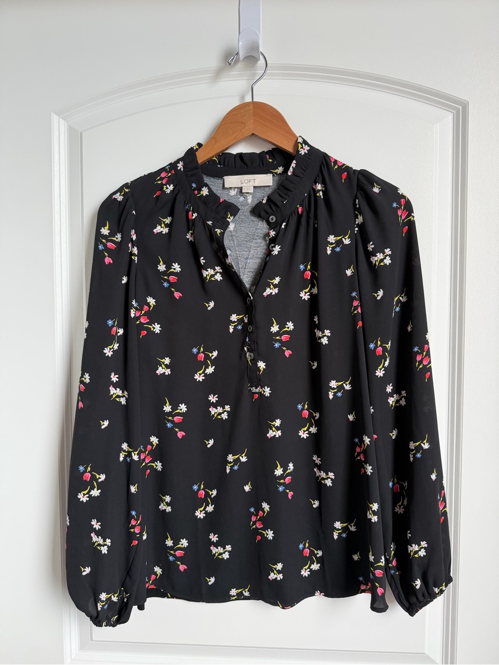 LOFT Black Floral Ruffle Neck Long Sleeve Henley Blouse